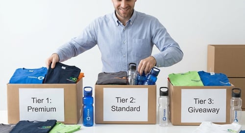 Man separating promotional products into three tiers, premium, standard, and giveaway