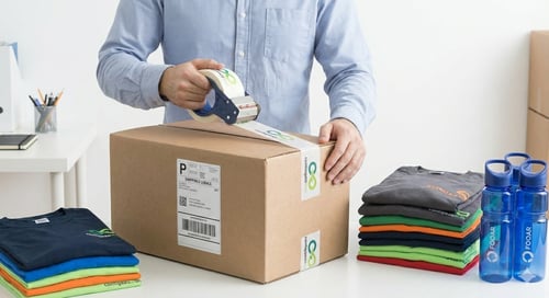 A man taping a box of promotional products to ship