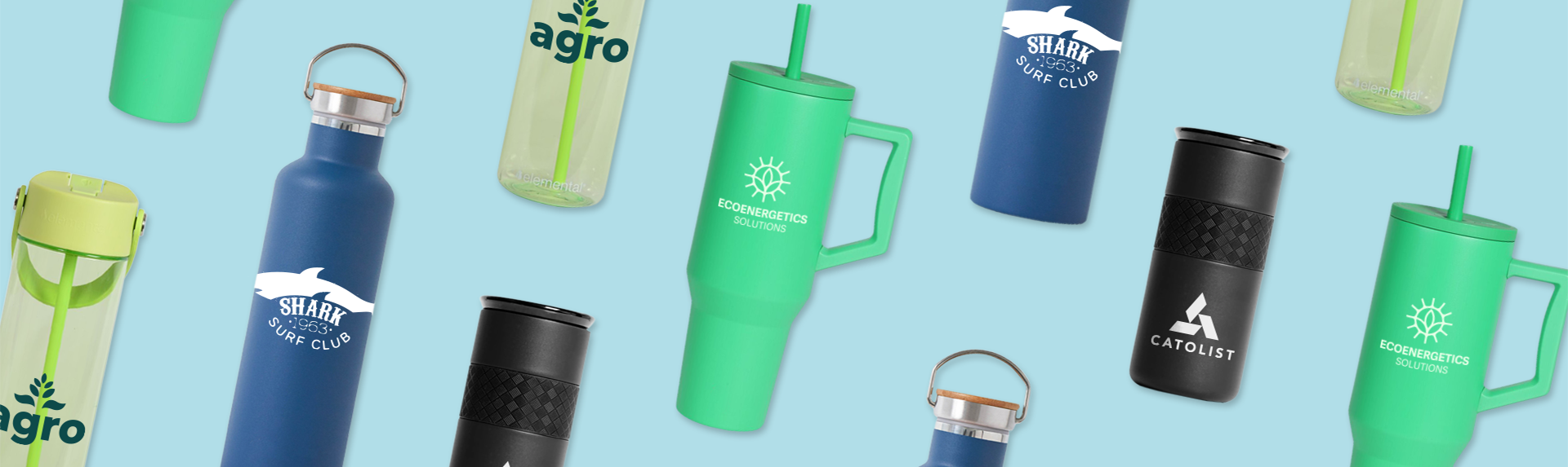 Branded drinkware from diverse-owned suppliers, including tumblers, bottles, and can coolers. 