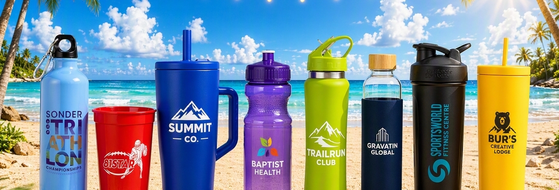 Eight branded promotional drinkware styles lined up on a sunny beach with palm trees, string lights, and turquoise ocean.